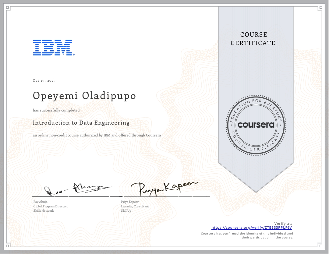 Introduction to Data Engineering Certificate